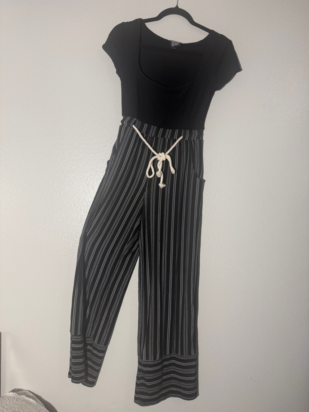 Derek Heart Black Wide-Leg Striped Jumpsuit with Rope Tie